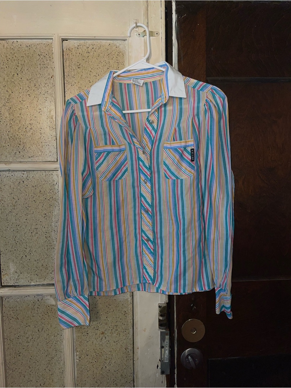 Vintage Striped Multicolor Button-Up Shirt with White Collar - Size 9/10